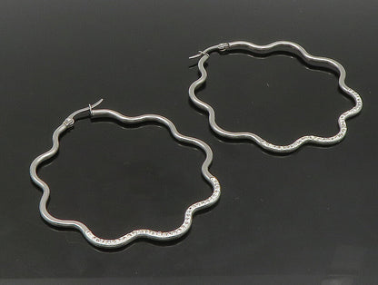 925 Sterling Silver  Vintage Sparkling Rhinestones Wavy Hoop Earrings  EG11451