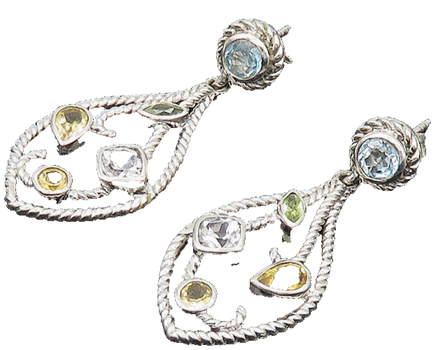 925 Silver  Vintage Shiny Topaz Peridot & Citrine Dangle Earrings  EG9799