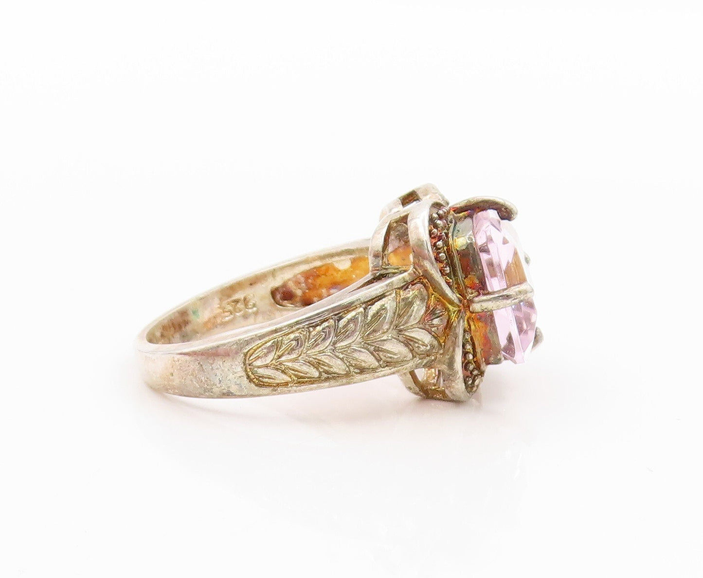 925 Sterling Silver Vintage Ring Carved Rectangle Cut Pink CZ  Sz 7  RG31835