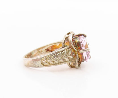 925 Sterling Silver Vintage Ring Carved Rectangle Cut Pink CZ  Sz 7  RG31835
