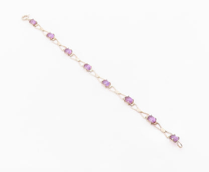 925 Sterling Silver Vintage Bracelet Elegant Amethyst & Ribbon Bow Link  BT12109