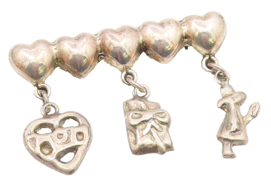 MEXICO 925 Sterling Silver  Vintage Assorted Charm Hearts Brooch Pin  BP8312