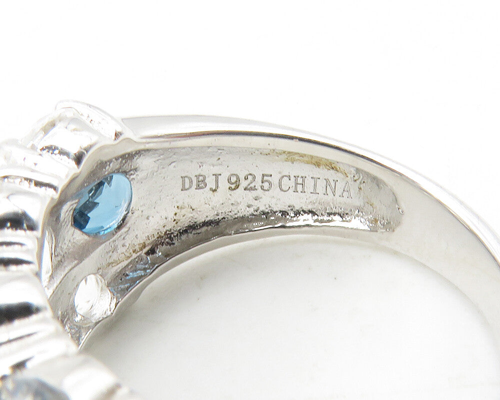 925 Sterling Silver  Blue & White Topaz 3 Row Shiny Band Ring Sz 5  RG11723