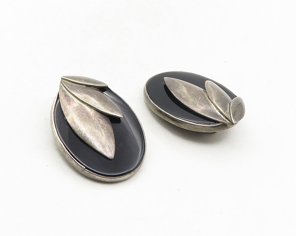 TURE MEXICO 925 Sterling Silver  Vintage Black Onyx Non Pierce Earrings EG5075