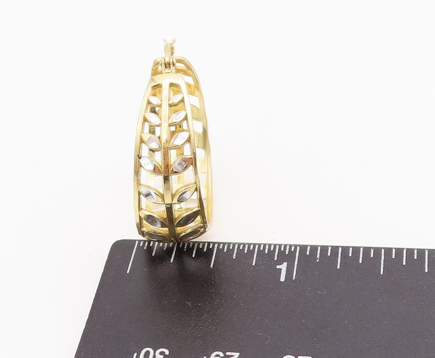 925 Sterling Silver Vintage Earrings Gold Plated Leaf Cutout Hoops  EG13089
