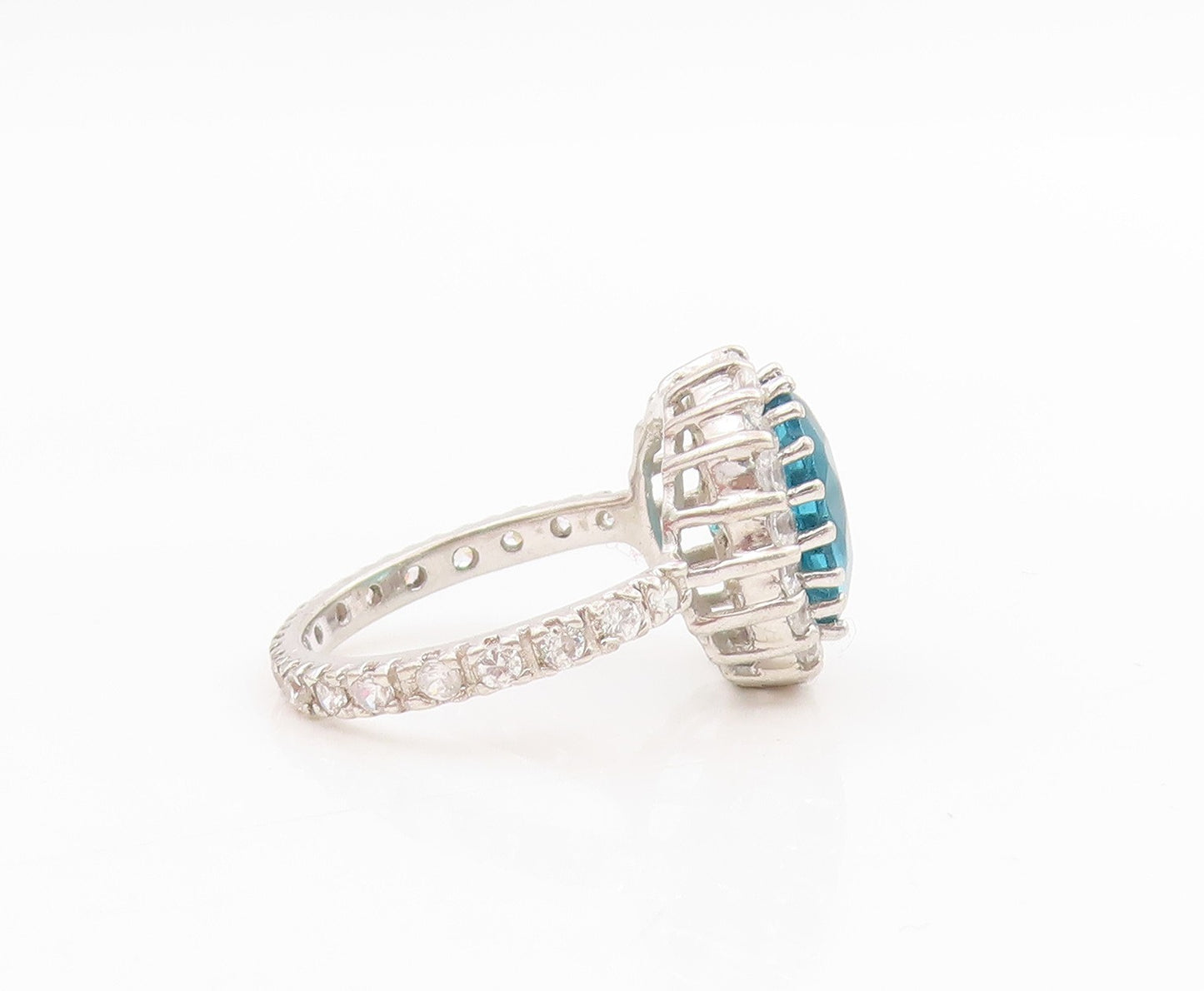 925 Sterling Silver Vintage Ring Faceted Blue Topaz Halo CZ Band  Sz 6  RG33920