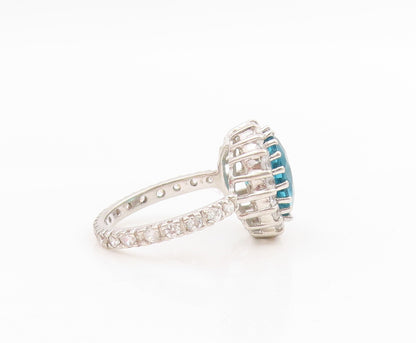 925 Sterling Silver Vintage Ring Faceted Blue Topaz Halo CZ Band  Sz 6  RG33920