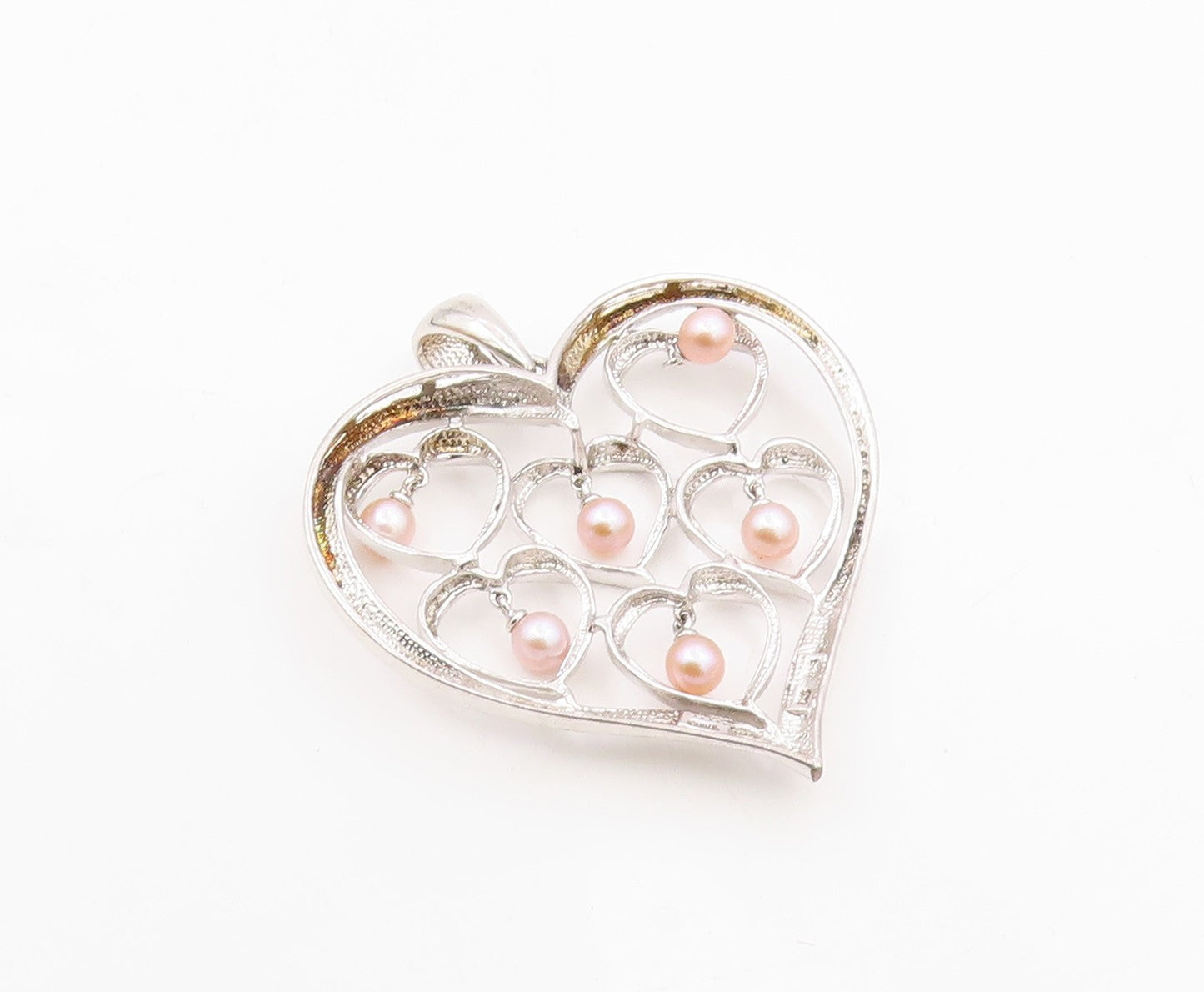 925 Sterling Silver  Dangling Pink Pearls Open Love Hearts Pendant  PT7919