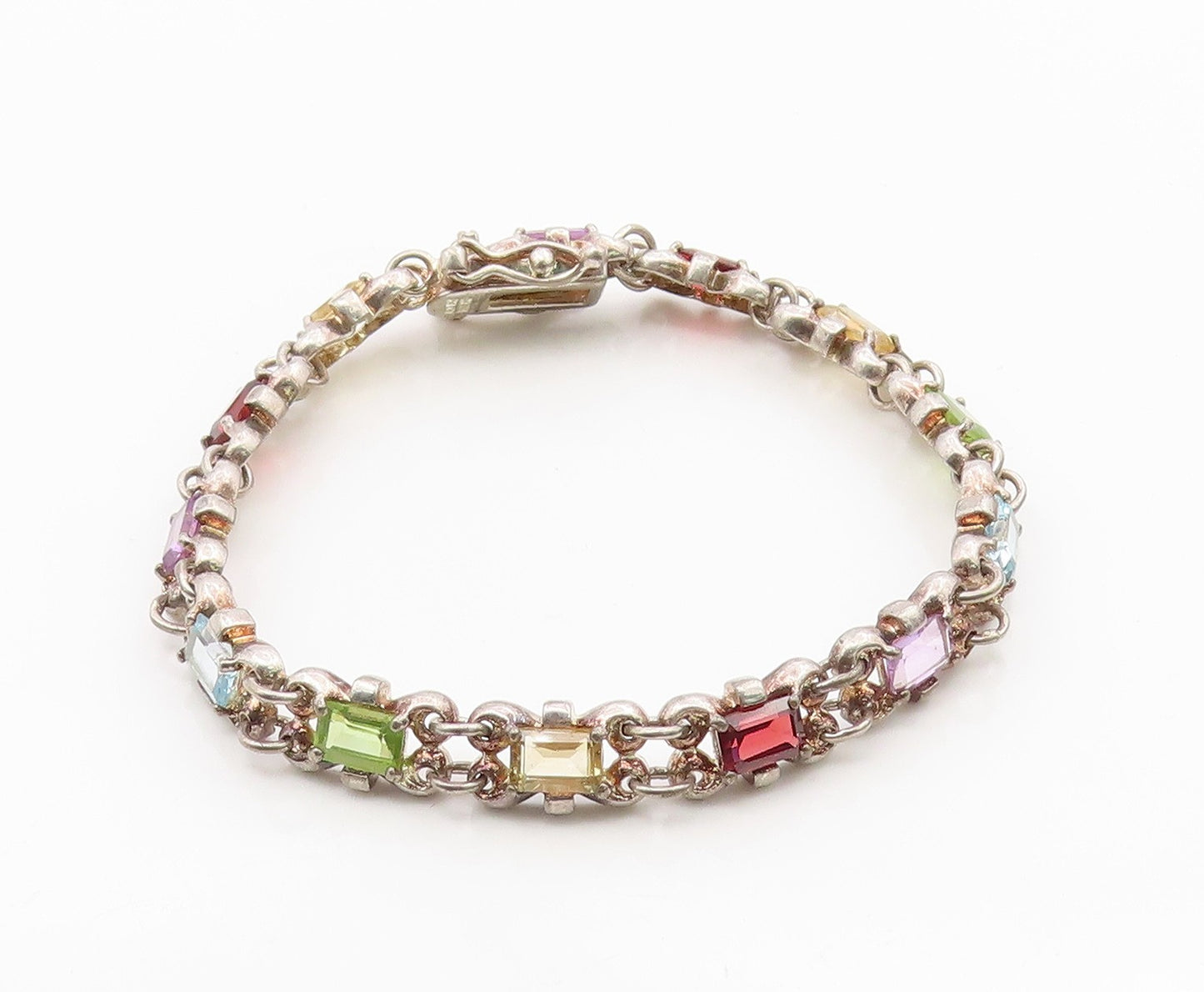 925 Sterling Silver Vintage Bracelet Elegant Multi Gemstone Link Chain  BT11691