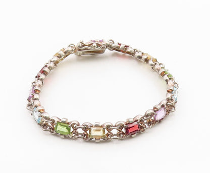 925 Sterling Silver Vintage Bracelet Elegant Multi Gemstone Link Chain  BT11691