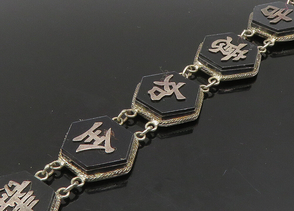 CHINESE 925 Sterling Silver  Vintage Black Onyx Hexagon Chain Bracelet  BT8946