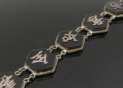 CHINESE 925 Sterling Silver  Vintage Black Onyx Hexagon Chain Bracelet  BT8946