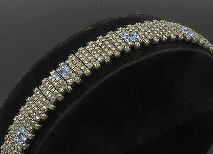 925 Sterling Silver  Topaz & Marcasite Floral Tennis Bracelet  BT1015