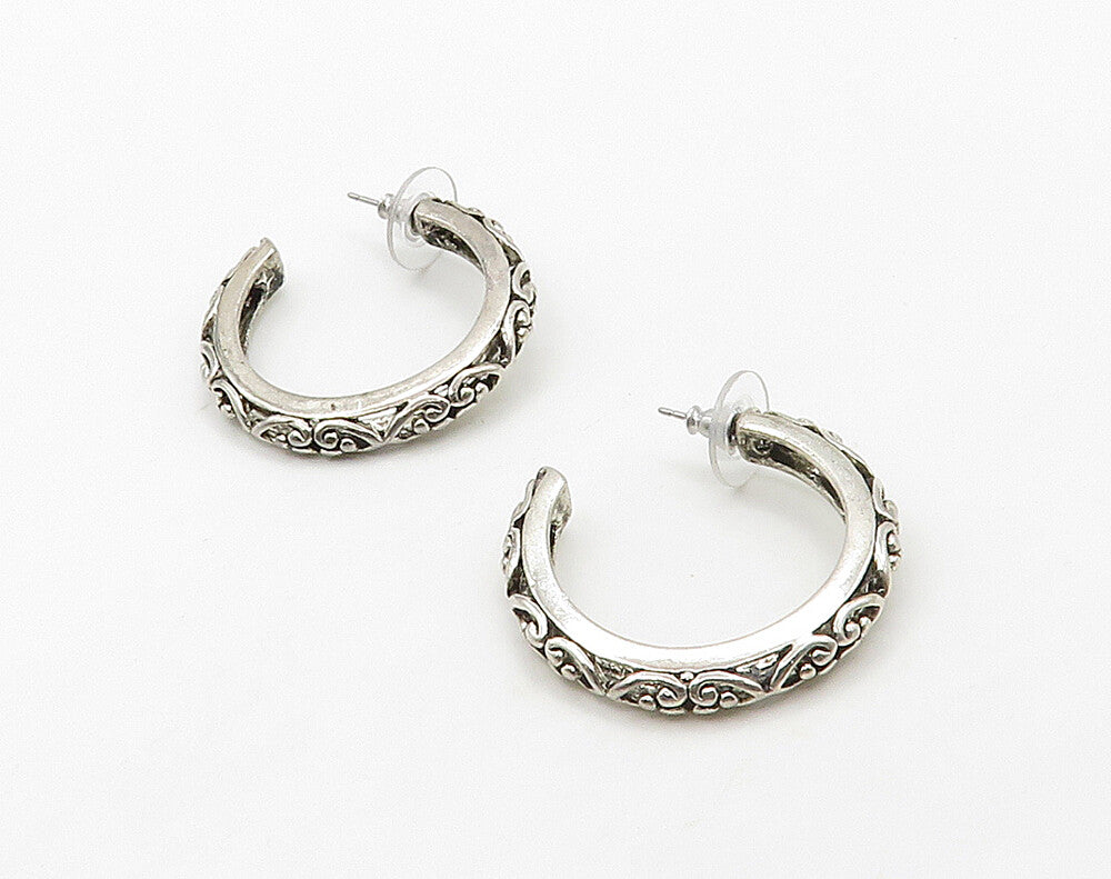925 Sterling Silver  Vintage Shiny Love Heart Pattern JHoop Earrings  EG8265