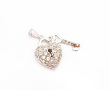 925 Sterling Silver Vintage Pendant CZ Heart Shaped Lock & Key  PT23965