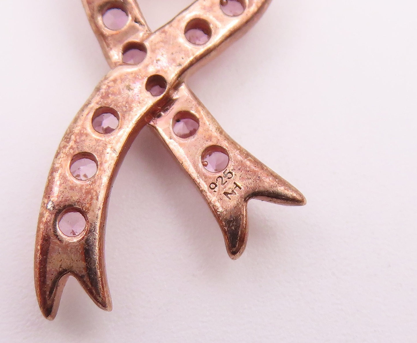925 Sterling Silver Vintage Pink Topaz Rose Gold Plated Ribbon Pendant PT18416