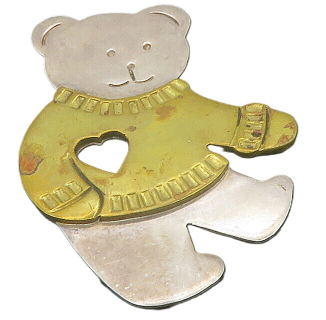 MEXICO 925 Silver  Vintage Two Tone Teddy Bear Love Heart Brooch Pin  BP4436