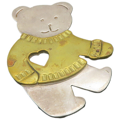 MEXICO 925 Silver  Vintage Two Tone Teddy Bear Love Heart Brooch Pin  BP4436