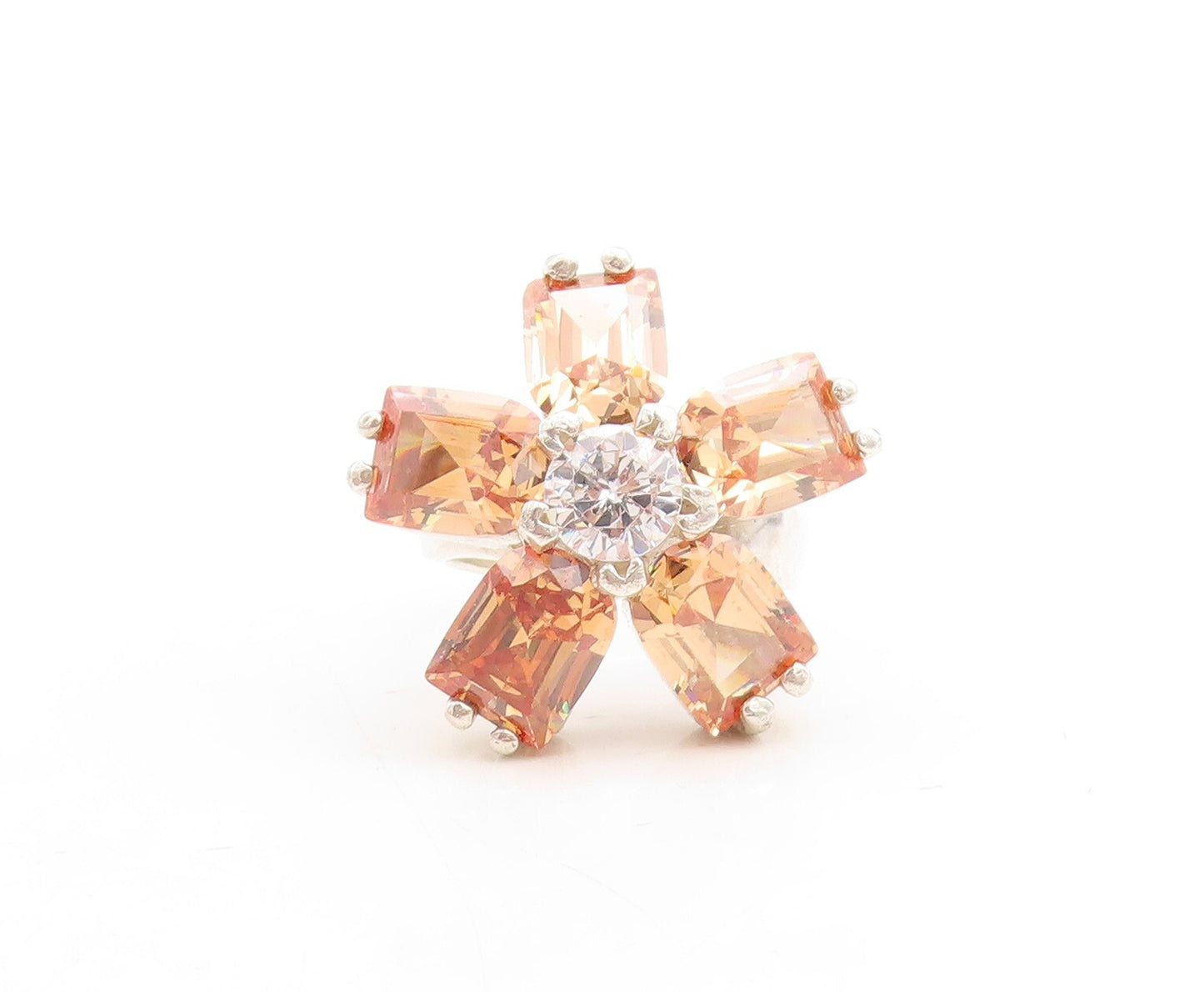 925 Sterling Silver Vintage Ring Designer Cut Citrine & CZ Flower  Sz 7  RG31535