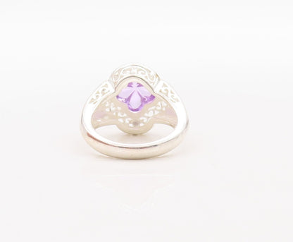 925 Sterling Silver Vintage Ring Swirly Carved Amethyst Flower  Sz 7  RG31424