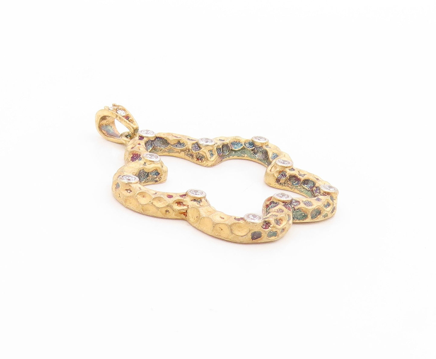 925 Sterling Silver Vintage Pendant Gold Plated CZ Hammered Open Flower  PT25835