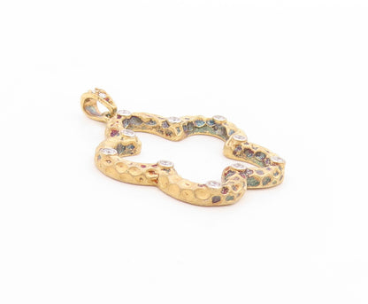 925 Sterling Silver Vintage Pendant Gold Plated CZ Hammered Open Flower  PT25835