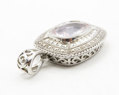 925 Sterling Silver  Faceted Topaz Patterned Border Shiny Drop Pendant  PT9787
