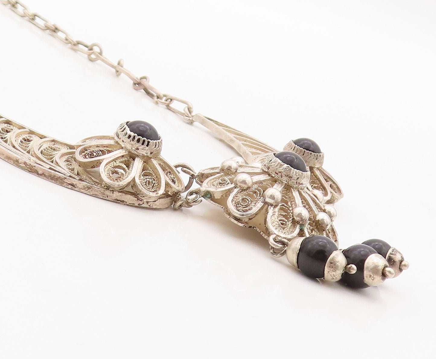 925 Sterling Silver Vintage Necklace Designer Filigree Floral Onyx  NE4306