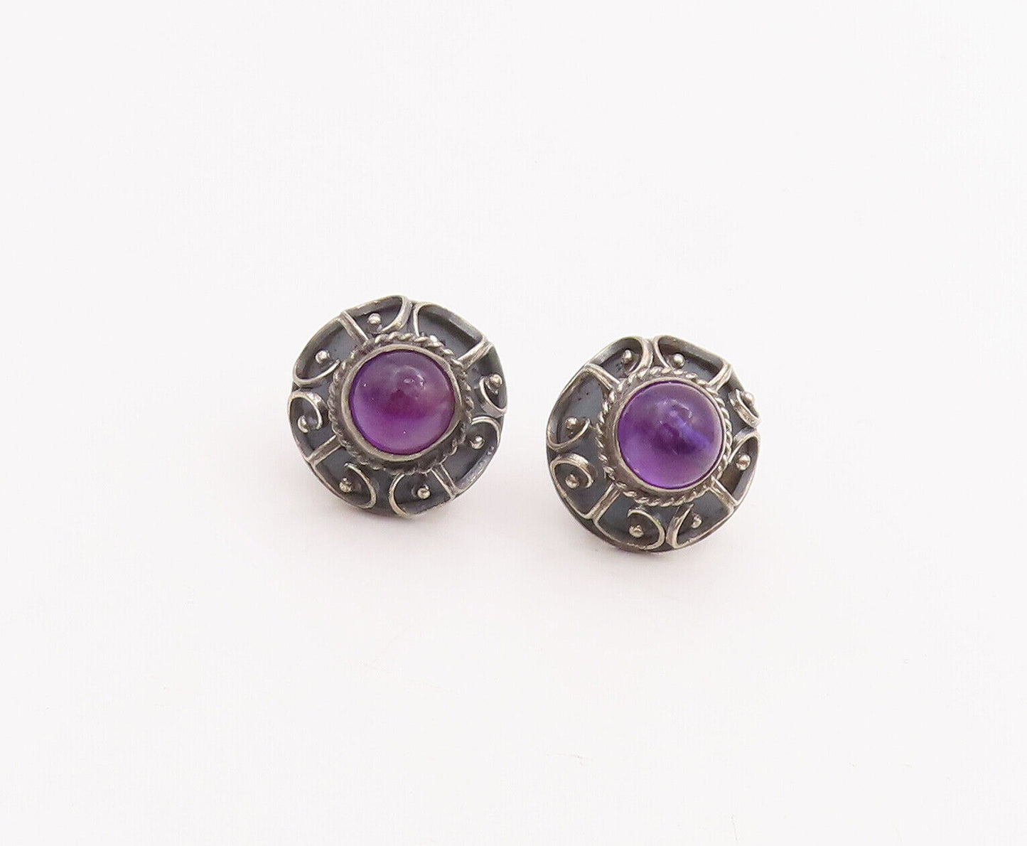 925 Sterling Silver Vintage Earrings MEXICO Swirl Carved Amethyst Flower EG13073