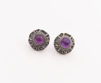 925 Sterling Silver Vintage Earrings MEXICO Swirl Carved Amethyst Flower EG13073
