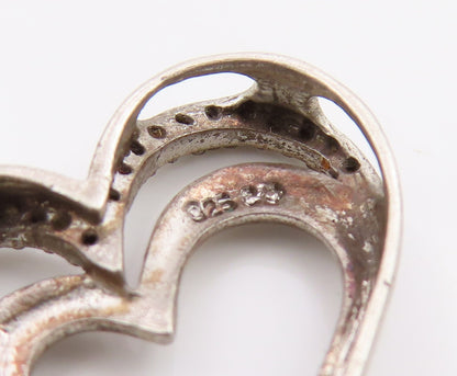 925 Sterling Silver Vintage Pendant Real Diamonds Love Heart Outline  PT25479