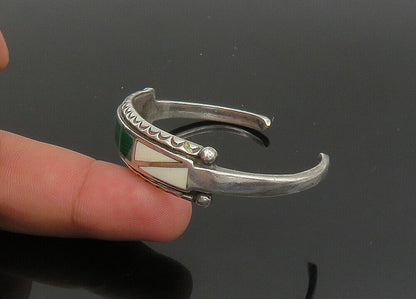 ZUNI NAVAJO 925 Sterling Silver Vintage Malachite & Agate Cuff Bracelet BT8943