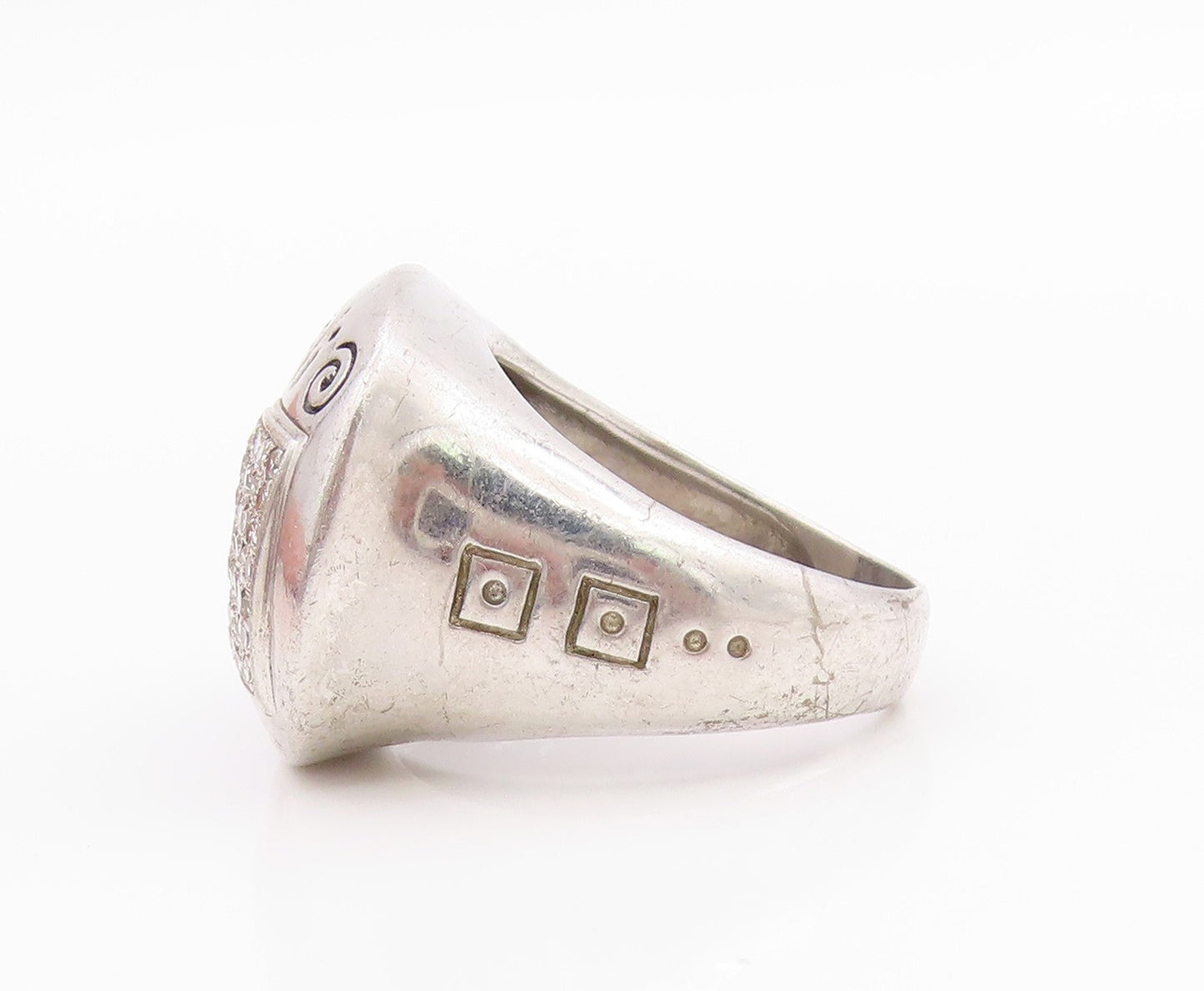 925 Sterling Silver Vintage Ring Diamonds Inlay Lovers Names Etched Sz 7 RG33188