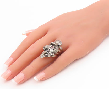 925 Sterling Silver Vintage Ring NAVAJO Flower & Feather Band  Sz 8.5  RG36123