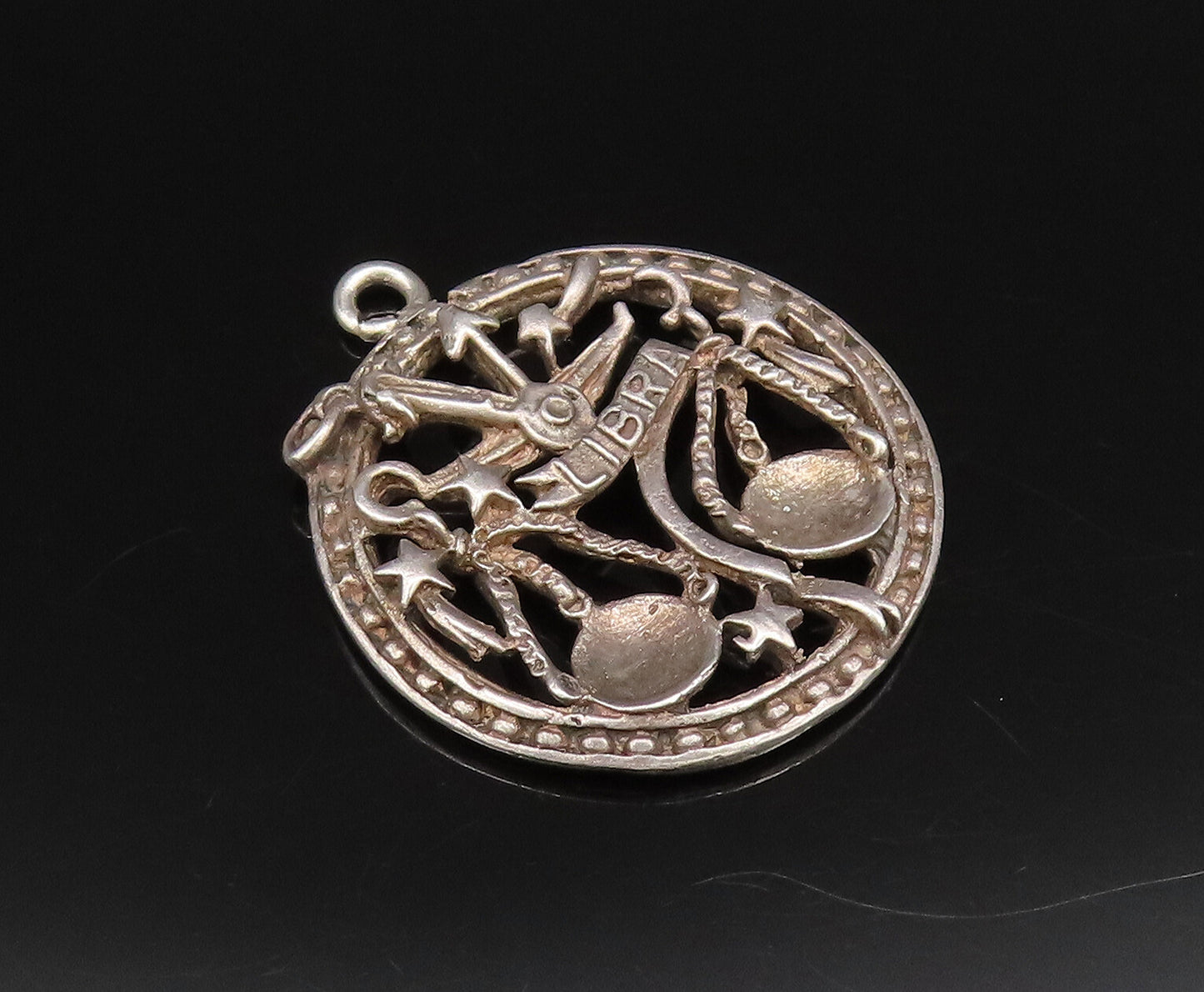 925 Silver  Vintage Openwork 3D Libra Scale & Stars Zodiac Pendant  PT21745