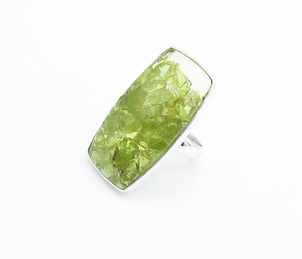925 Sterling Silver  Peridot Cluster Square Shiny Cocktail Ring Sz 8  RG7761