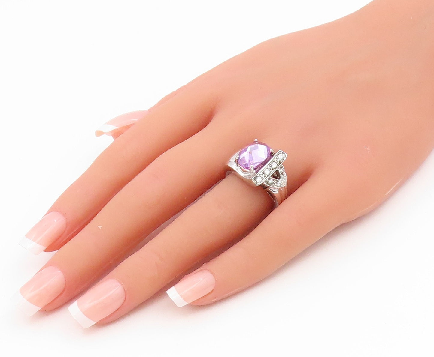 925 Sterling Silver Vintage Ring Faceted Amethyst & Topaz Band  Sz 7.5  RG35184