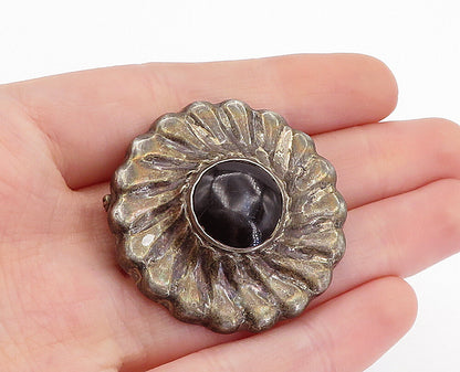 925 Sterling Silver  Vintage Black Onyx Dark Tone Floral Brooch Pin  BP1772