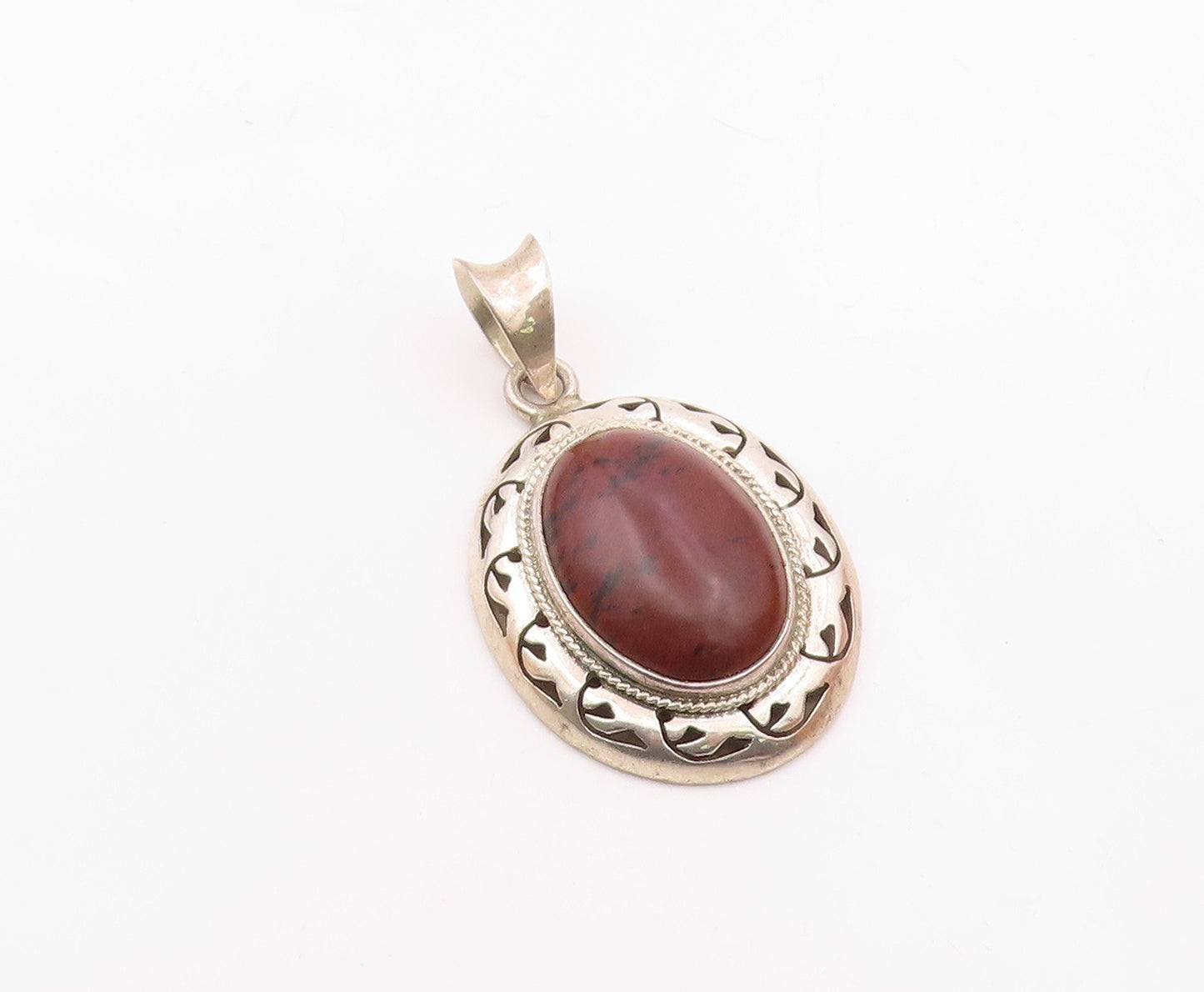 MEXICO 925 Sterling Silver  Vintage Cabochon Cut Jasper Shiny Pendant  PT13014