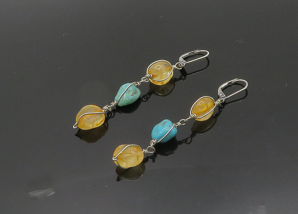 925 Sterling Silver  Vintage Turquoise & Quartz Dangle Earrings  EG10016