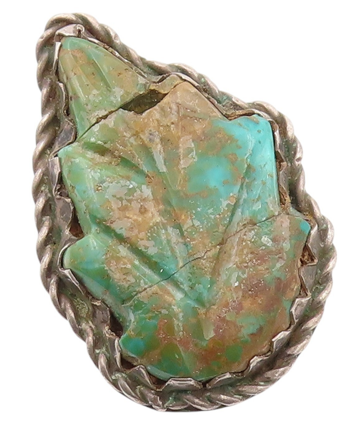 925 Sterling Silver Vintage Ring NAVAJO ZUNI Large Turquoise Leaf SZ 6.5 RG32119