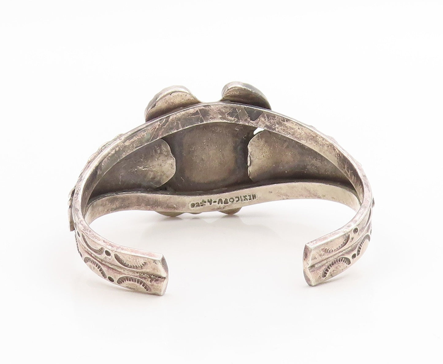 925 Sterling Silver Vintage Bracelet MEXICO Turquoise Etched Leaf Cuff  BT11989