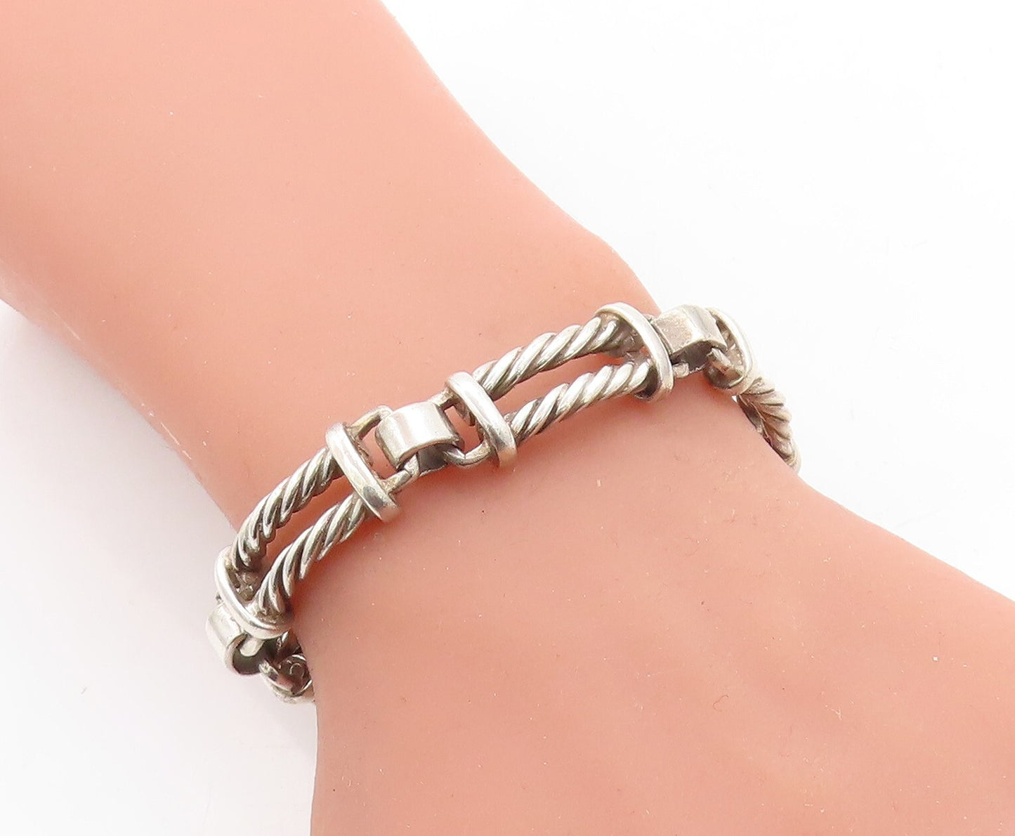 MEXICO 925 Silver  Vintage Shiny Double Twist Bar Link Chain Bracelet  BT2453