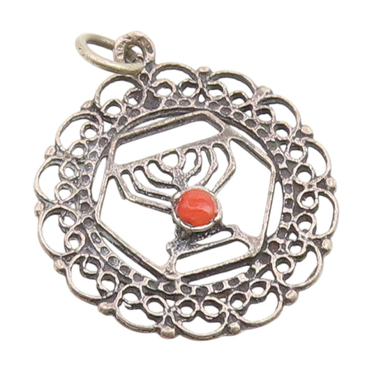 925 Sterling Silver Vintage Pendant Red Coral Openwork Jewish Menorah  PT25970