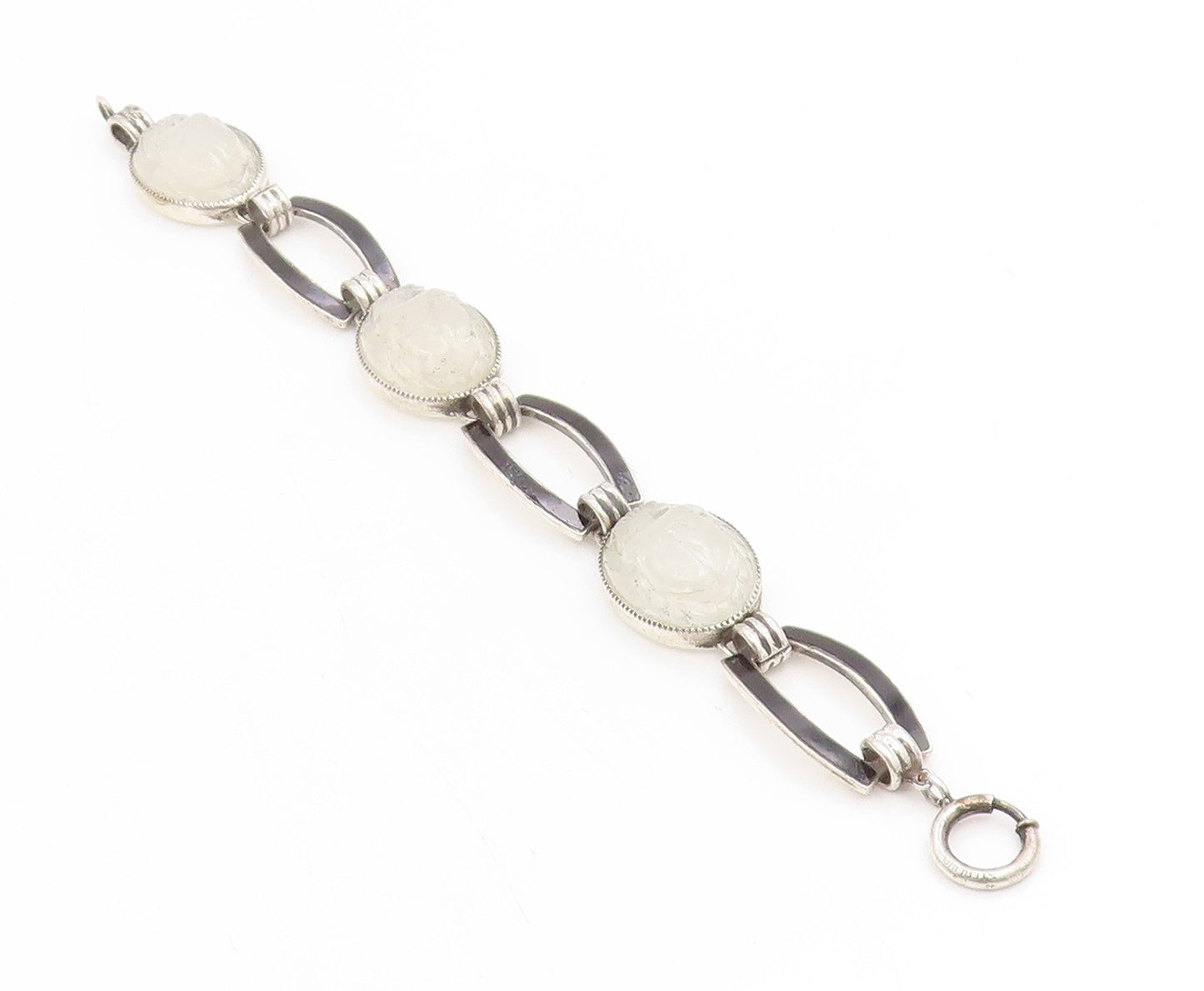 925 Sterling Silver Vintage Bracelet Carved Quartz Classic Panel Link  BT11743