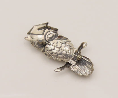 BEAU 925 Silver  Vintage Carved Standing Owl On Branch Brooch Pin  BP10219