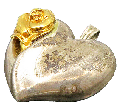 GORHAM 925 Silver  Vintage Two Tone Rose Flower Love Heart Pendant  PT19353