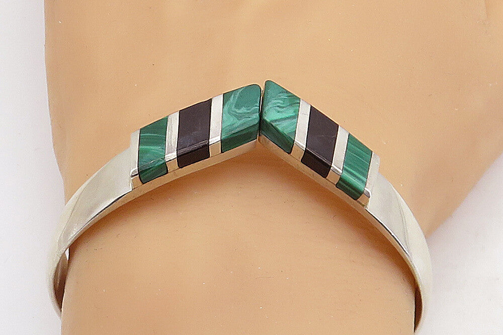 MEXICO 925 Silver  Vintage Black Onyx & Malachite Bangle Bracelet  BT2521