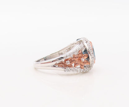 925 Sterling Silver Vintage Ring Floral Carved Sapphire & CZ Inlay Sz 7  RG30841