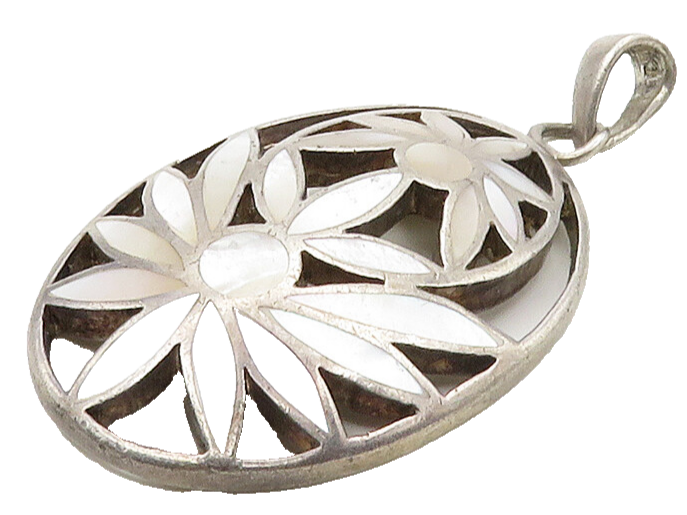 925 Sterling Silver  Vintage Mother Of Pearl Flowers Oval Pendant  PT12441